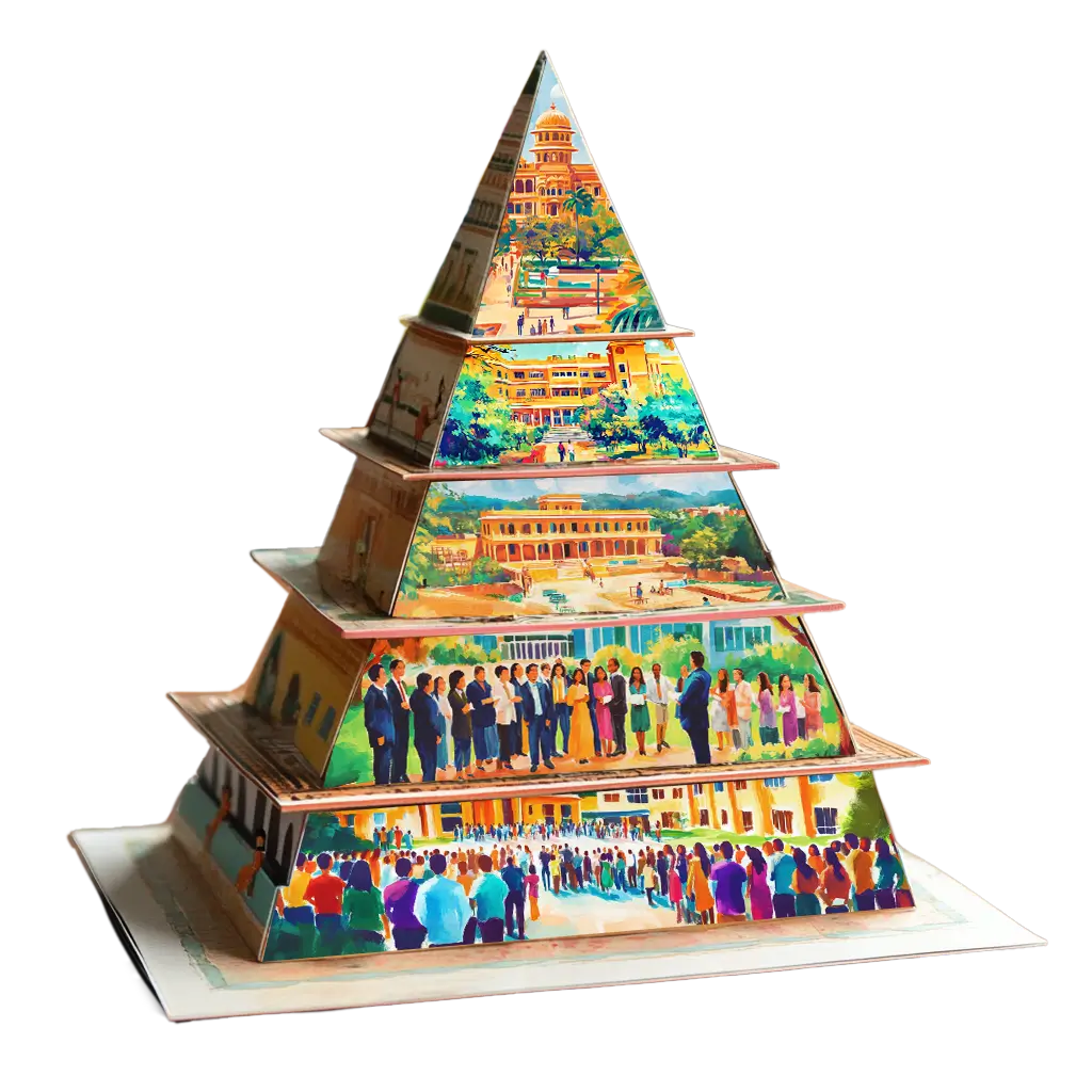A pyramid-like structure illustrating the scale of the Indian education system. The base of the pyramid represents the 1.5 million schools, with layers above depicting 50,000 colleges, 1184 universities, and 2 regulators. The pyramid's peak signifies the 10 million teachers and 300 million students.