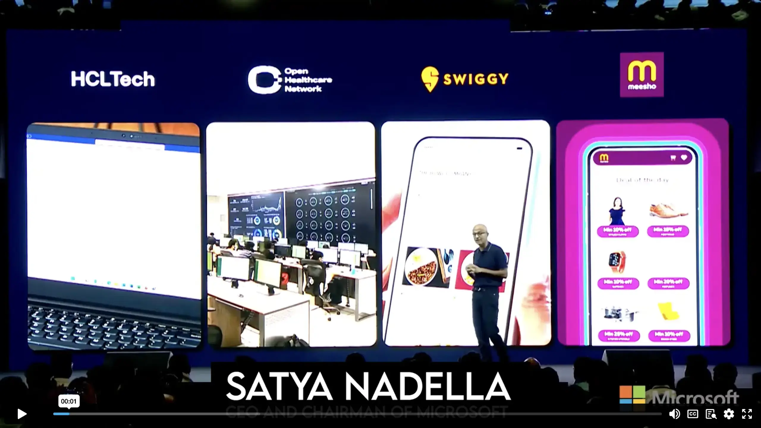 Photograph of Satya Nadella‘s keynote at Microsoft AI Tour Mentioning the Open Healthcare Network, an open-source work done by our students along with industry experts.